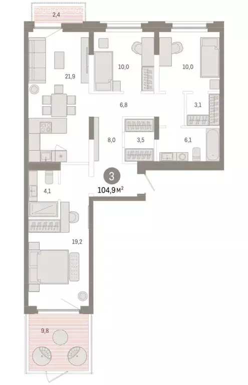 3-комнатная квартира: Тюмень, Мысовская улица, 26к2 (104.92 м) - Фото 1