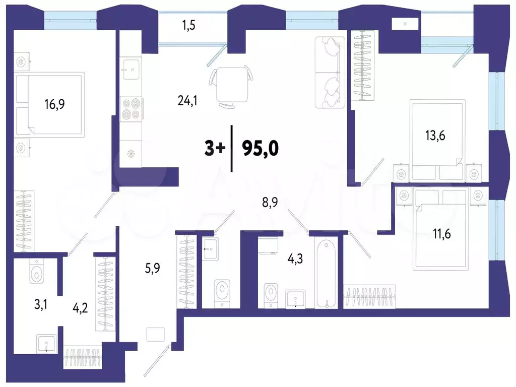 3-к. квартира, 95 м, 6/25 эт. - Фото 1