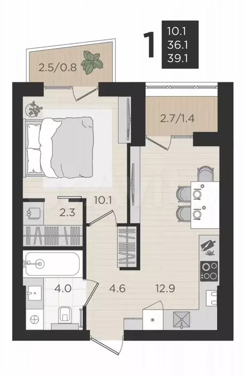 1-к. квартира, 36,1 м, 2/4 эт. - Фото 1