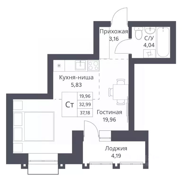 Студия Новосибирская область, Новосибирск Игарская ул., 40/1 (32.99 м) - Фото 0