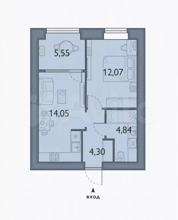 1-к. квартира, 40,8 м, 5/8 эт. - Фото 1