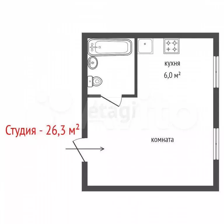 Квартира-студия, 26,3 м, 2/3 эт. - Фото 1