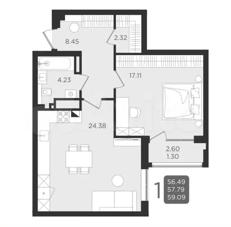 1-к. квартира, 57,9 м, 1/9 эт. - Фото 1