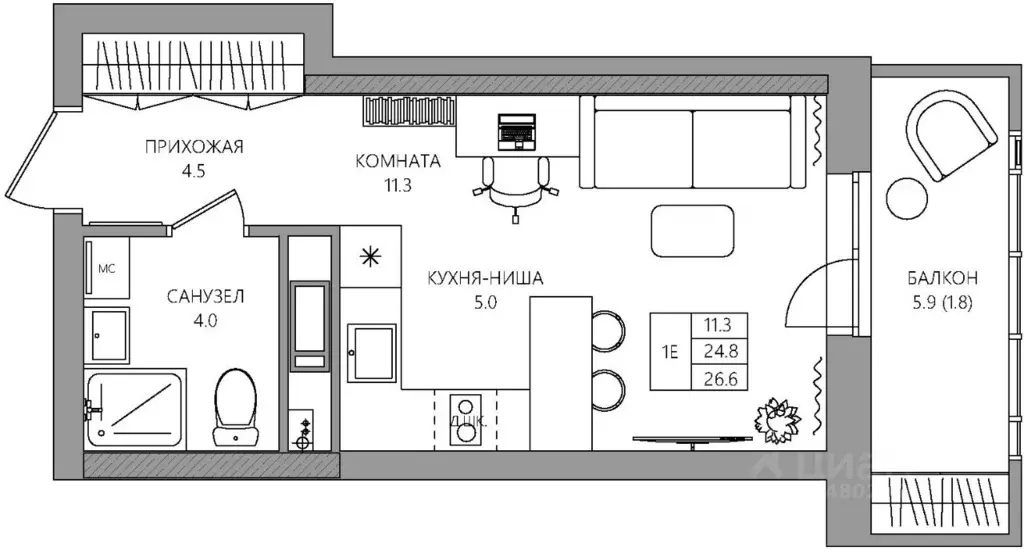 Студия Пермский край, Пермь Батумская ул., 21 (26.6 м) - Фото 1