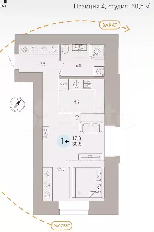 Квартира-студия, 30,5 м, 6/9 эт. - Фото 1