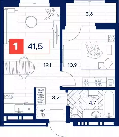 1-к. квартира, 41,5 м, 24/25 эт. - Фото 0