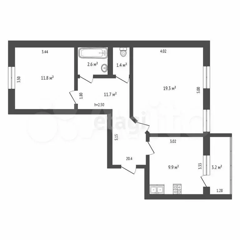 2-к. квартира, 56,7 м, 5/9 эт. - Фото 0