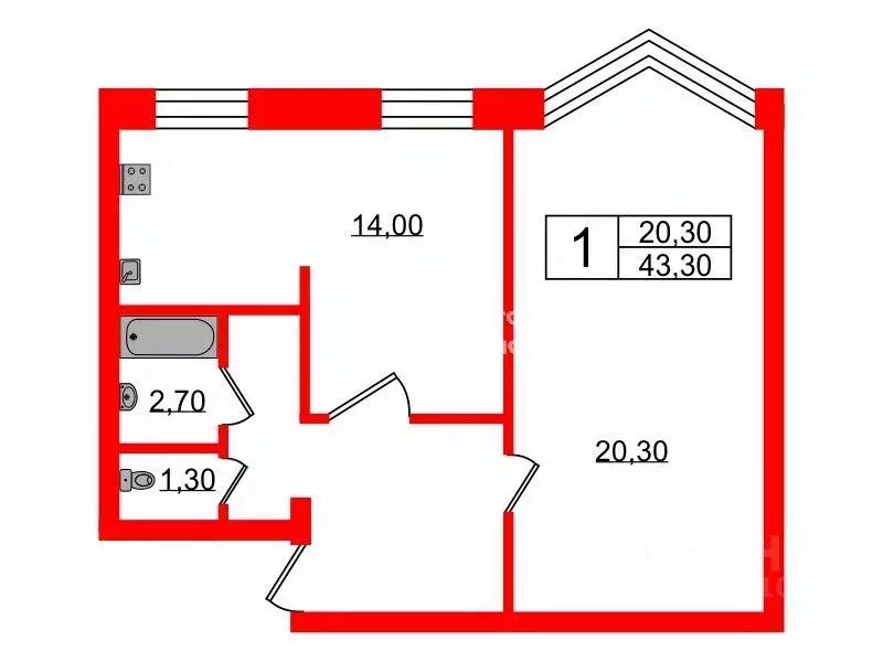 2-к кв. Санкт-Петербург ул. Бутлерова, 20 (43.3 м) - Фото 1