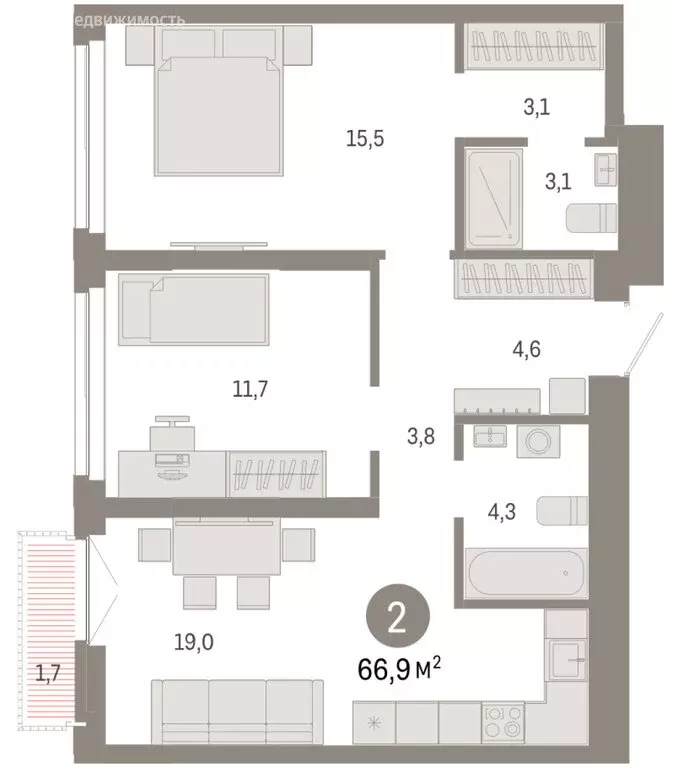 2-комнатная квартира: Новосибирск, Большевистская улица, 66 (66.87 м) - Фото 2