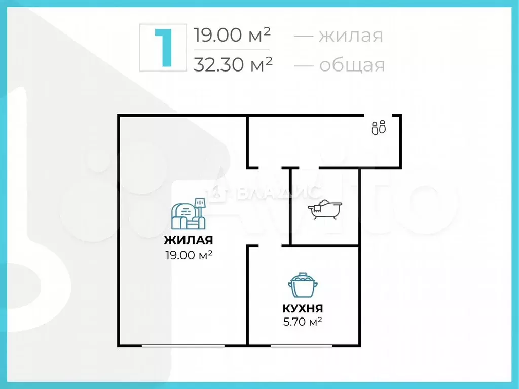 1-к. квартира, 32,3 м, 2/5 эт. - Фото 0