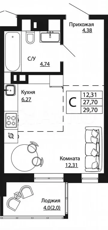 Квартира-студия, 29,7 м, 16/24 эт. - Фото 1