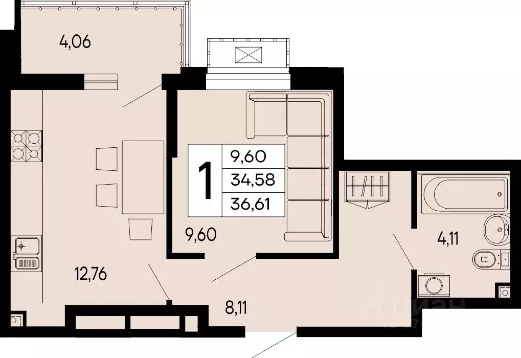 1-к кв. Адыгея, Майкоп 9 Мая ул. (36.61 м) - Фото 1