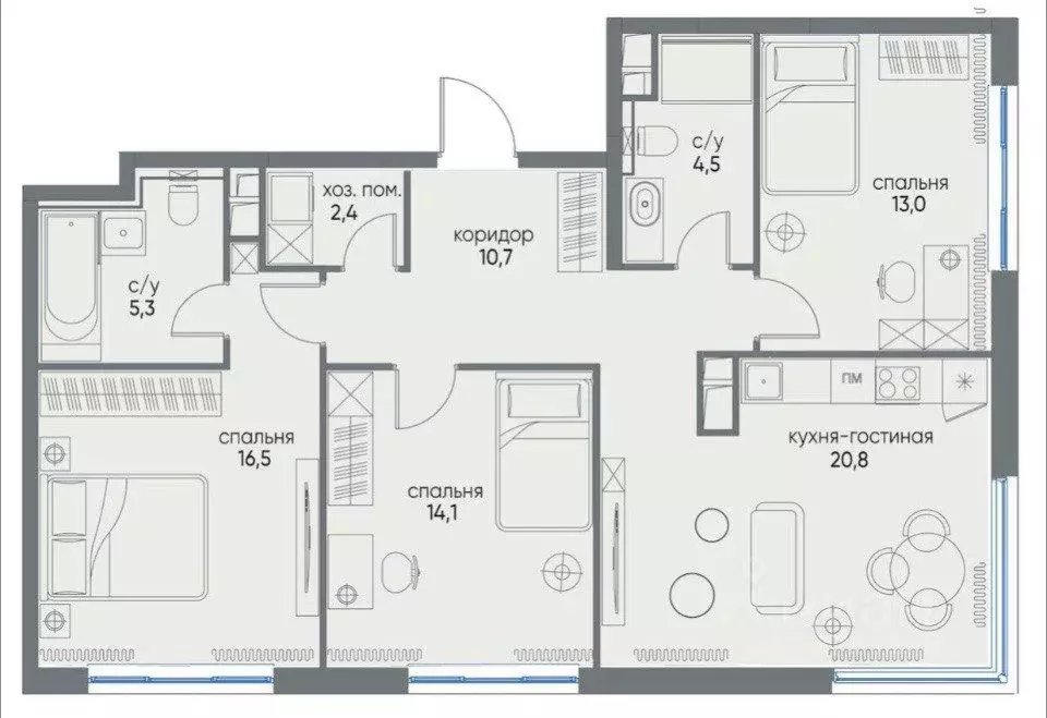 3-к кв. Москва Жилой комплекс остров, 5-й кв-л, 2 (87.0 м) - Фото 2