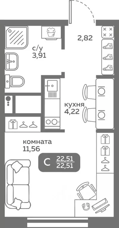 Студия Тюменская область, Тюмень ул. Вадима Бованенко, 10 (22.51 м) - Фото 0