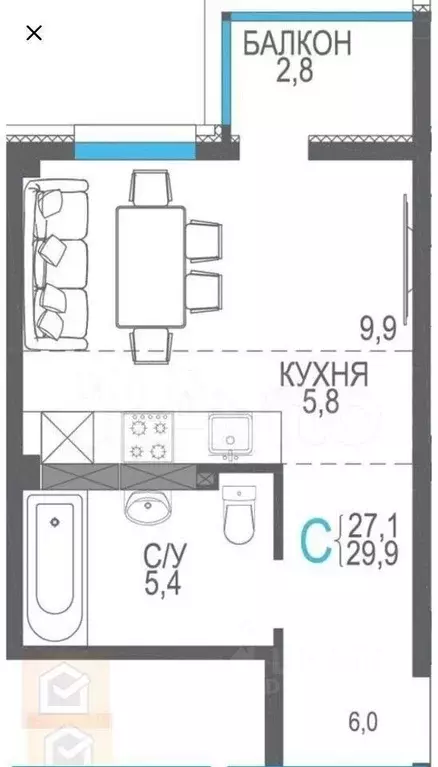 Студия Севастополь ул. Токарева, 18 (30.0 м) - Фото 0