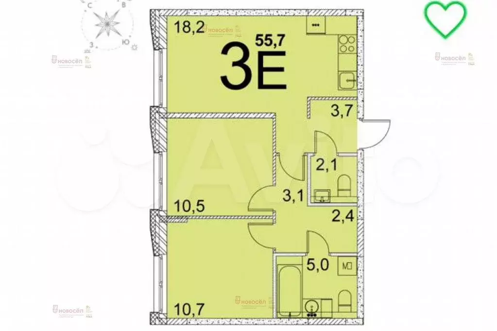 2-к. квартира, 56 м, 4/9 эт. - Фото 0