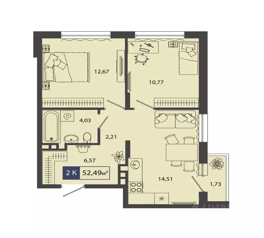 2-к кв. Тюменская область, Тюмень ул. Владимира Соболевского, 3 (52.49 ... - Фото 1