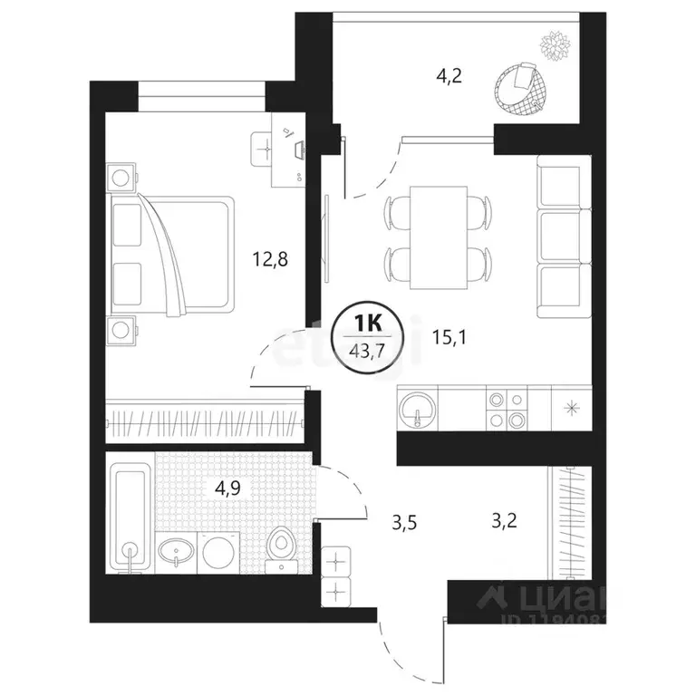 1-к кв. Тюменская область, Тюмень ул. Разведчика Кузнецова, 7 (43.7 м) - Фото 0