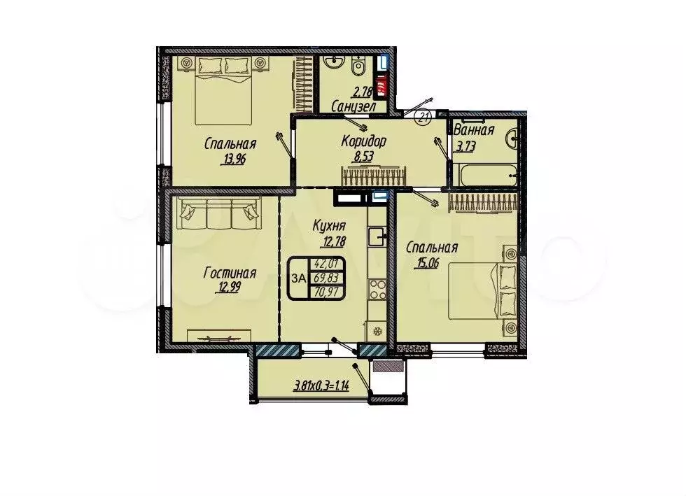 2-к. квартира, 71 м, 5/9 эт. - Фото 1