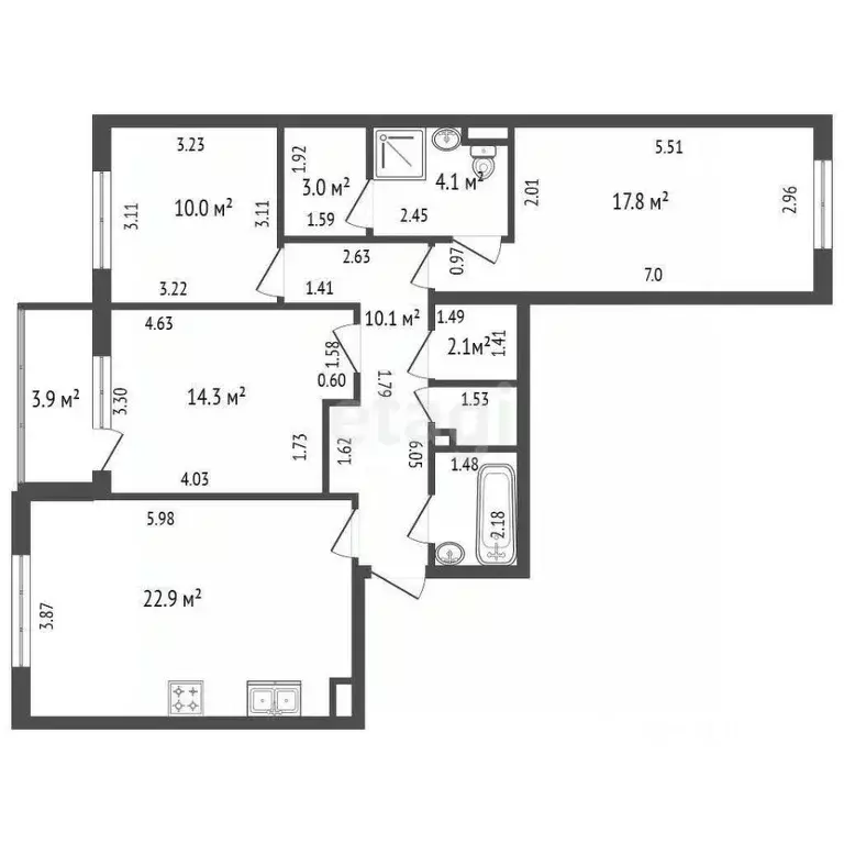 3-к кв. Санкт-Петербург ул. Владимира Пчелинцева, 6к2 (89.1 м) - Фото 2