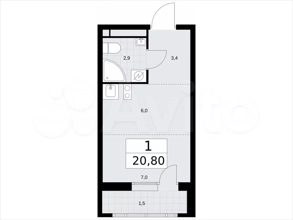 Квартира-студия, 20,8м, 9/9эт. - Фото 1