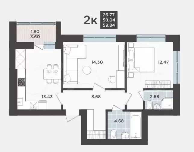 2-к. квартира, 58 м, 9/9 эт. - Фото 1