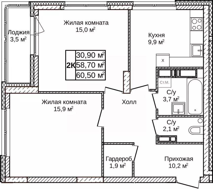 2-к кв. Нижегородская область, Нижний Новгород д. Ольгино,  (60.5 м) - Фото 1