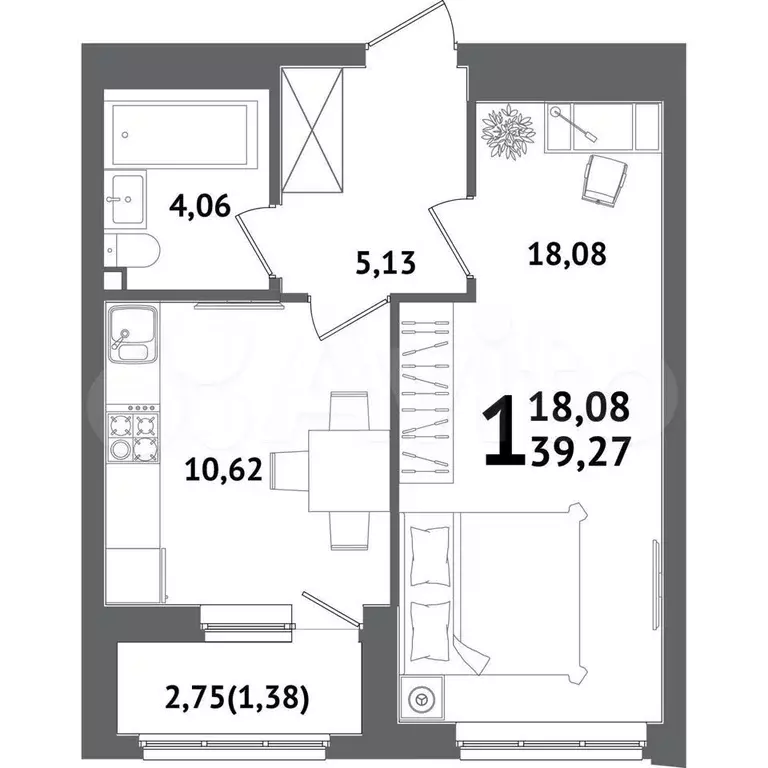 1-к. квартира, 39,4 м, 5/21 эт. - Фото 1