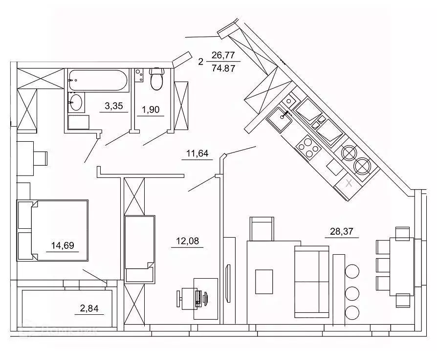 2-к кв. Рязанская область, Рязань ул. Земнухова (74.87 м) - Фото 1