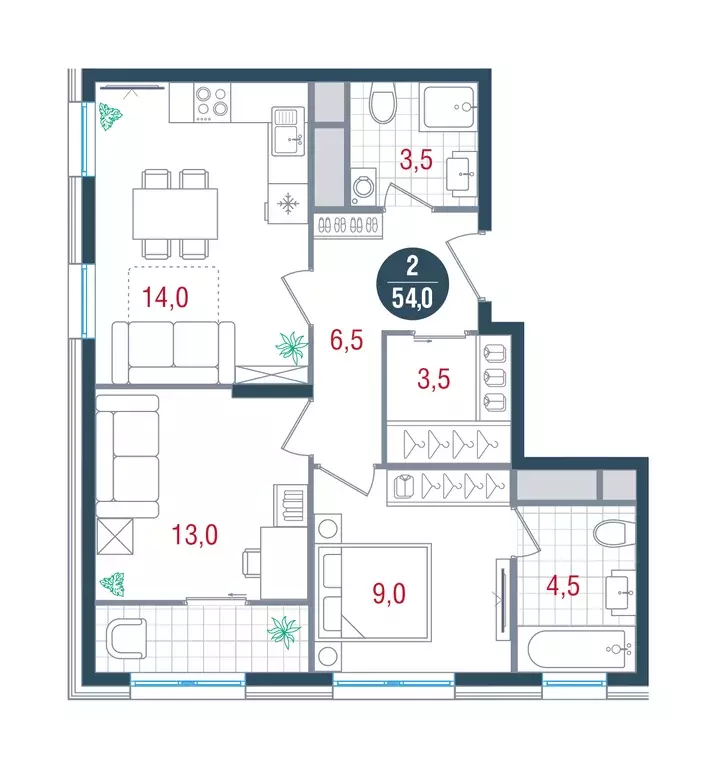 2-к квартира, 54 м - Фото 0