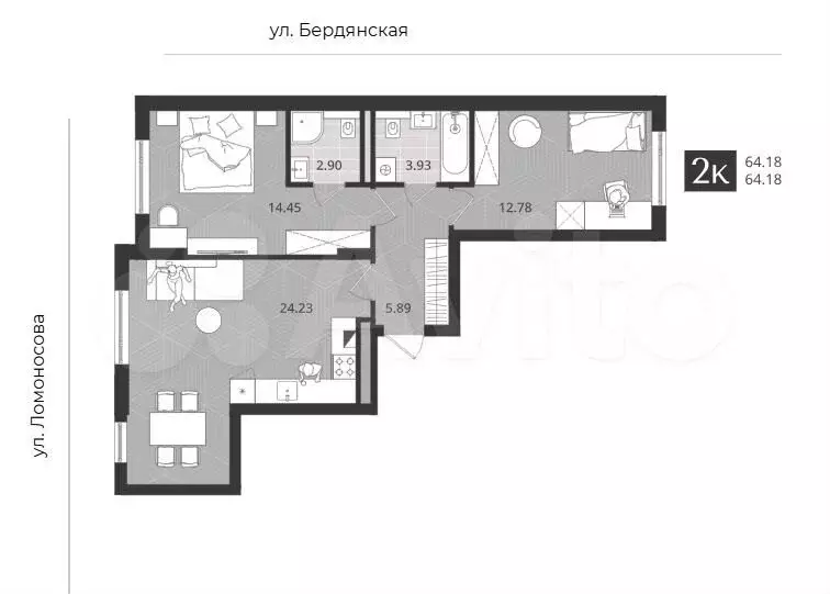 2-к. квартира, 64,2 м, 2/4 эт. - Фото 1
