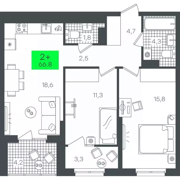 2-к кв. Тюменская область, Тюмень ул. Василия Малкова, 19 (66.89 м) - Фото 0