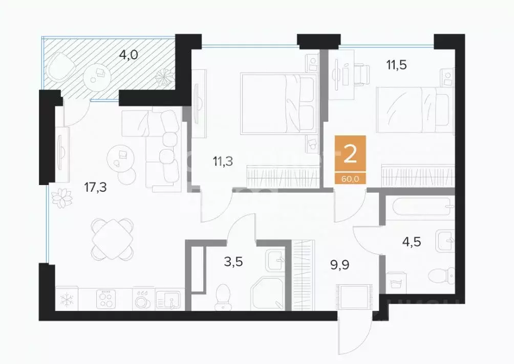 2-к кв. Курская область, Курск просп. Вячеслава Клыкова, 39Б (60.0 м) - Фото 2