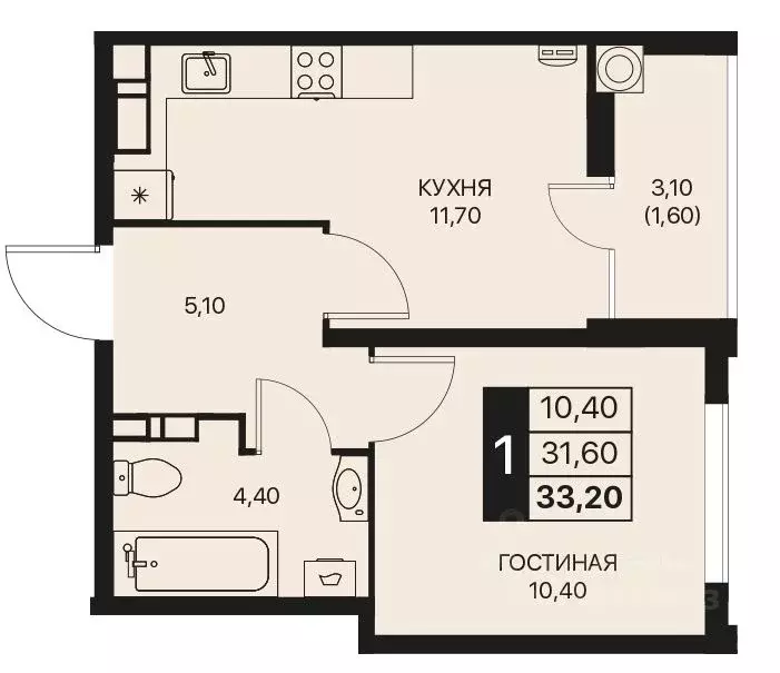 1-к кв. Ростовская область, Ростов-на-Дону Эстет жилой комплекс (33.2 ... - Фото 1