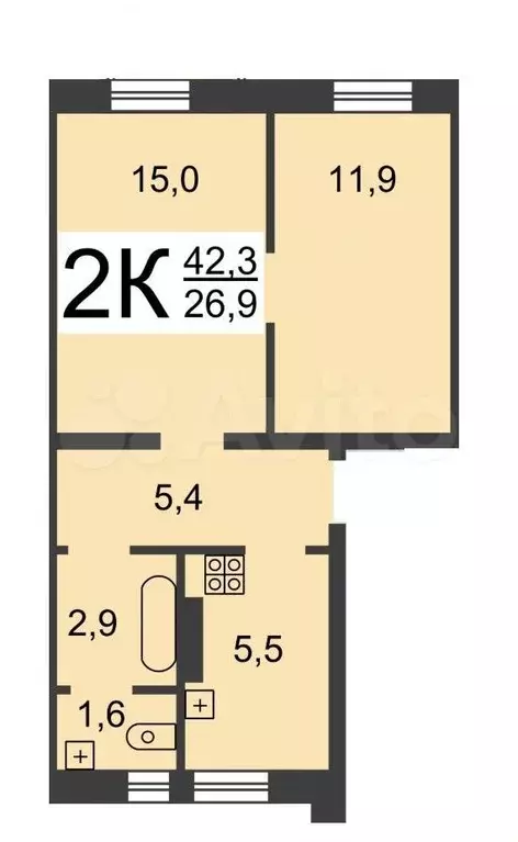 2-к. квартира, 42,5 м, 1/2 эт. - Фото 0