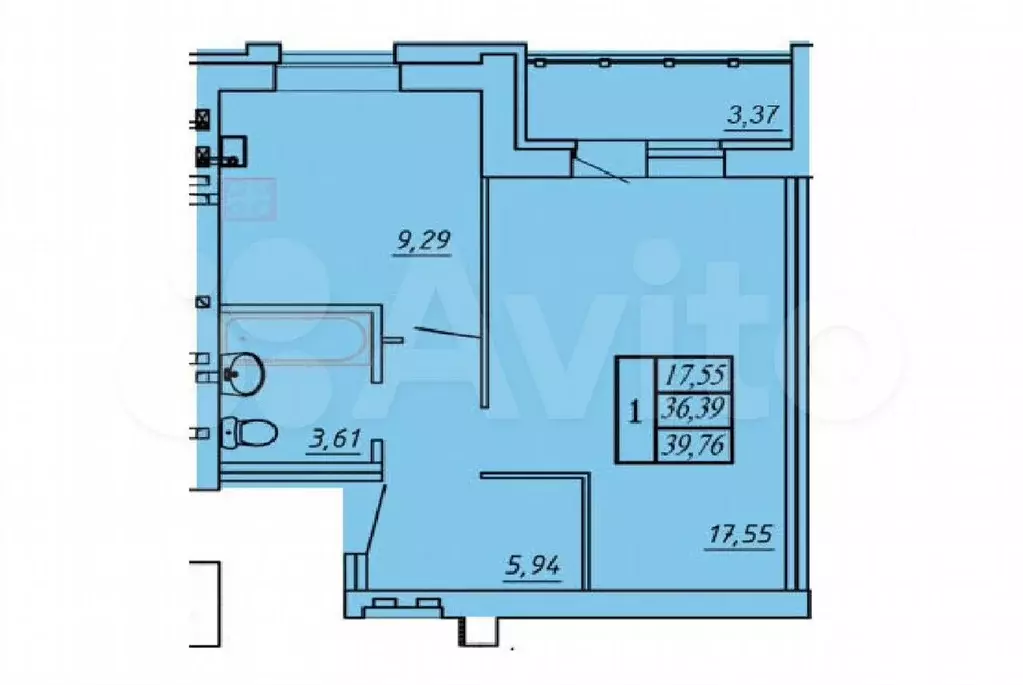 1-к. квартира, 38,1 м, 1/3 эт. - Фото 1