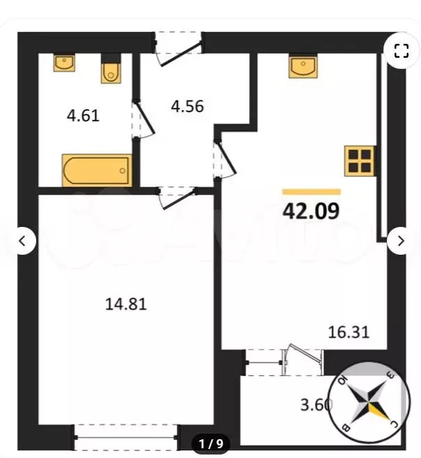 1-к. квартира, 42,1 м, 3/9 эт. - Фото 1