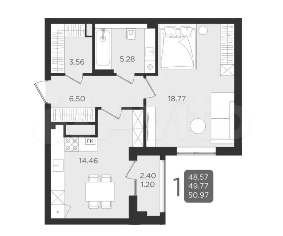 1-к. квартира, 49,9 м, 1/9 эт. - Фото 1