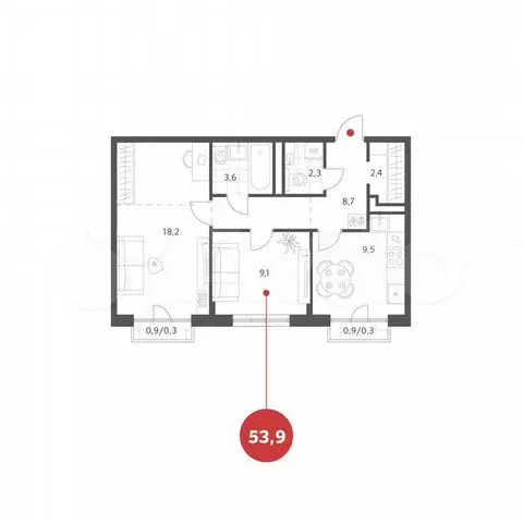 2-к. квартира, 53,9 м, 3/4 эт. - Фото 0