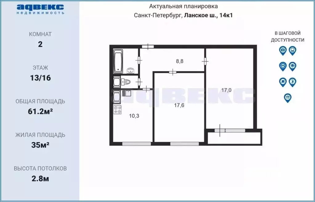 2-к кв. Санкт-Петербург Ланское ш., 14к1 (61.2 м) - Фото 2