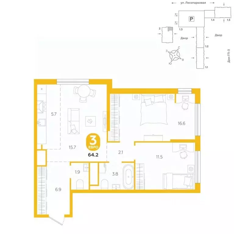 3-к кв. Тюменская область, Тюмень ул. Лесопарковая, 20 (64.2 м) - Фото 1