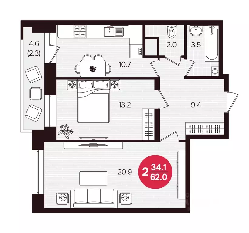 2-к кв. Чувашия, Новочебоксарск ул. 10-й Пятилетки, поз5 (62.0 м) - Фото 2