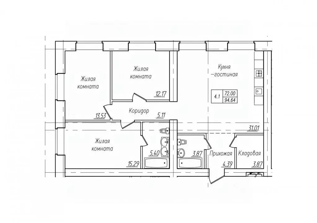 4-к кв. Чувашия, Чебоксары ул. Фридриха Энгельса, поз7 (94.64 м) - Фото 1