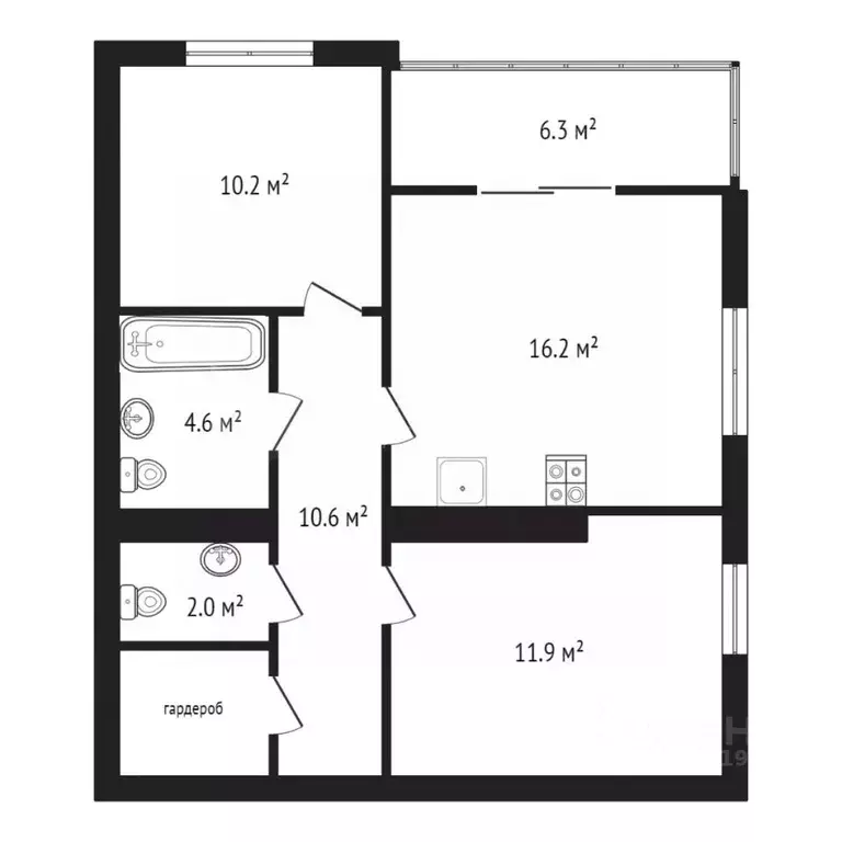 2-к кв. Тюменская область, Тюмень ул. Николая Ростовцева, 26к1 (54.0 ... - Фото 2