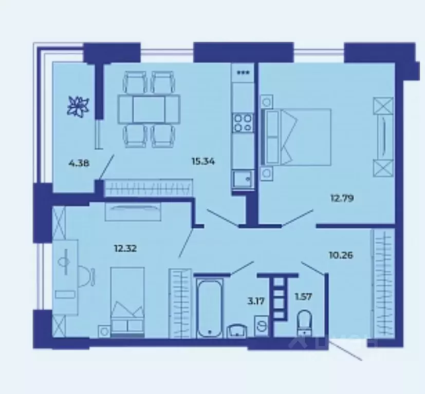 2-к кв. Брянская область, Брянск Три башни жилой комплекс (59.83 м) - Фото 1
