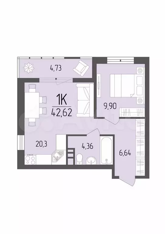 1-к. квартира, 42,6 м, 8/9 эт. - Фото 0