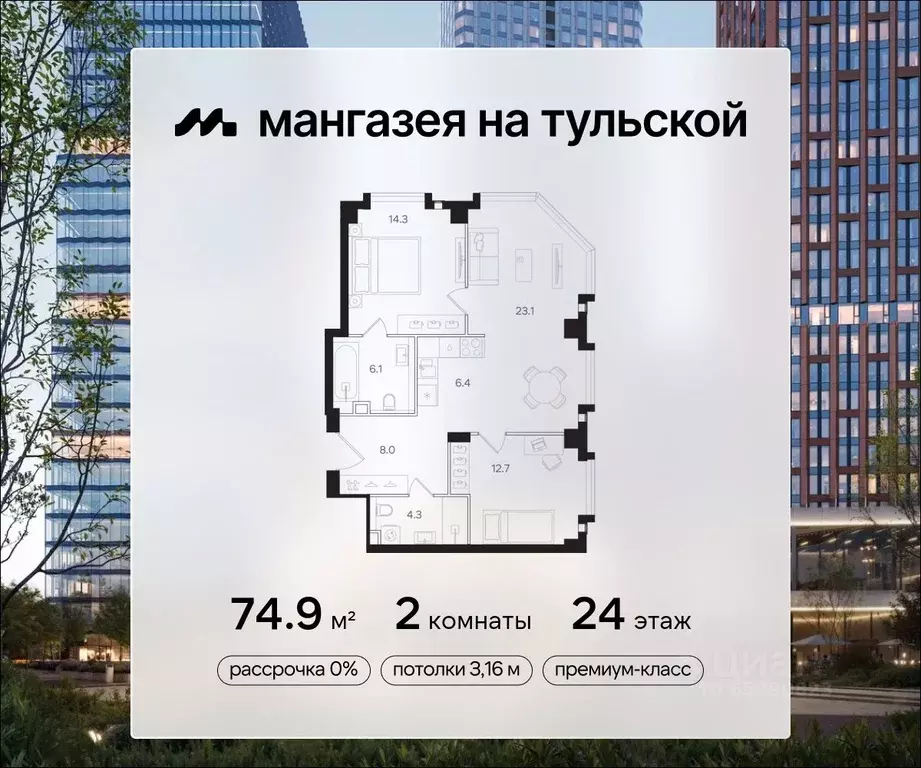 2-к кв. Москва Мангазея на Тульской жилой комплекс (74.9 м) - Фото 0
