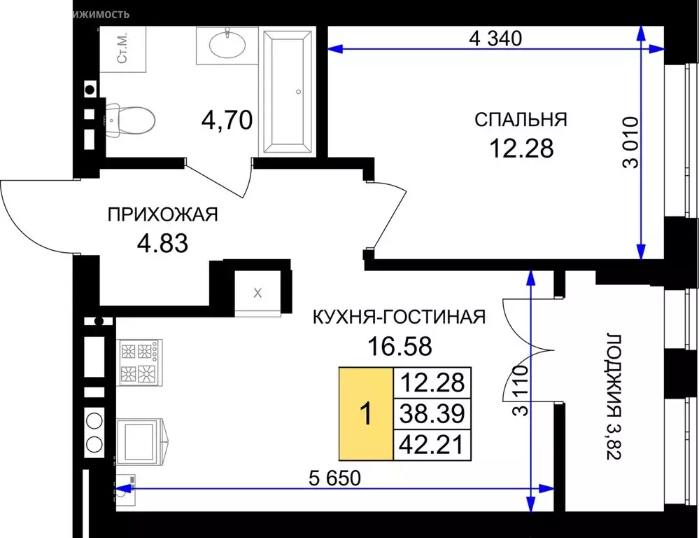 1-комнатная квартира: Гурьевск, жилой комплекс Включи (42.21 м) - Фото 0