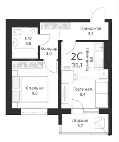 2-к. квартира, 35,1 м, 3/16 эт. - Фото 0