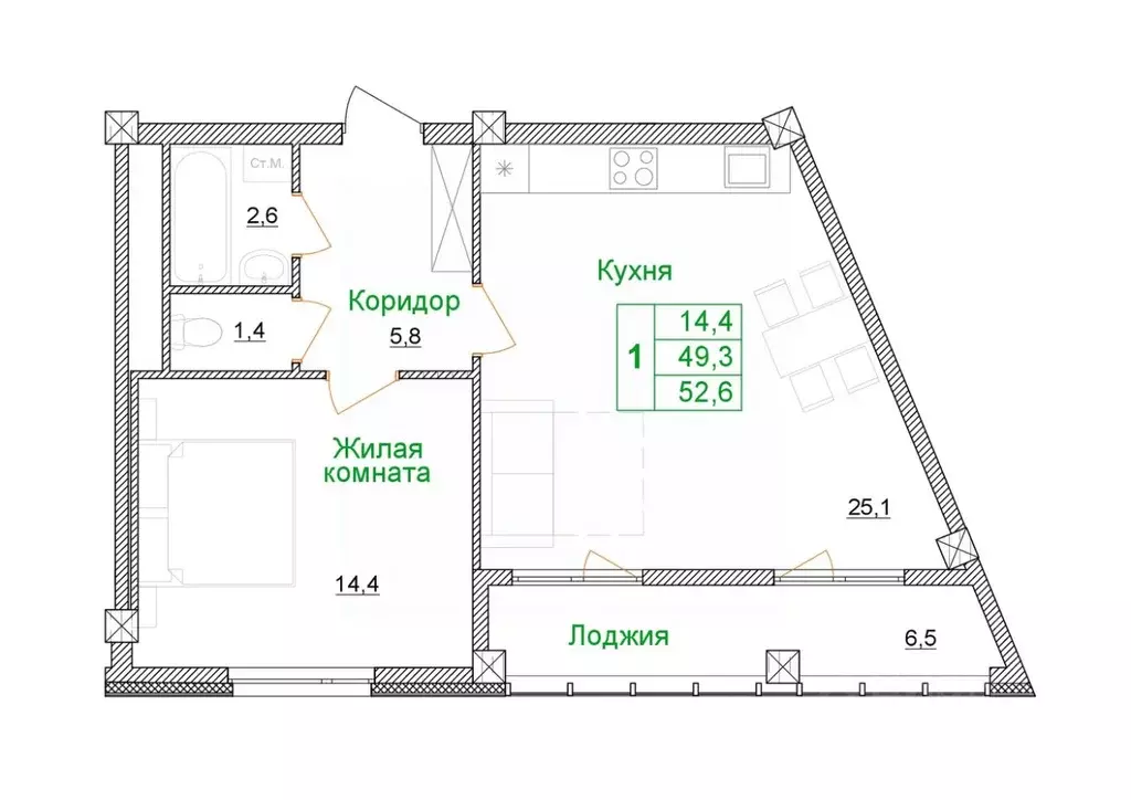 1-к кв. Белгородская область, Старый Оскол Космос мкр, 11А (52.6 м) - Фото 0